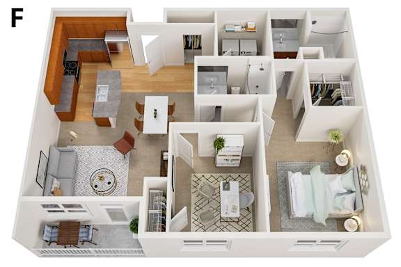 A floor plan of a house with a kitchen, living room, dining room, and bathrooms.