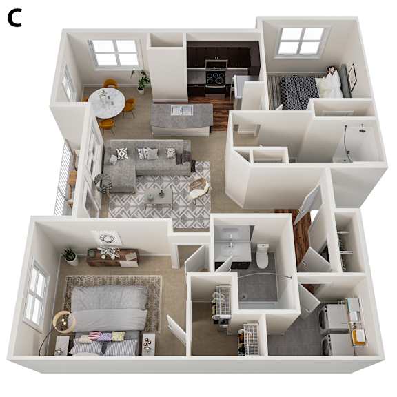 A top down view of a small apartment with a bedroom, living room, kitchen, and bathroom.