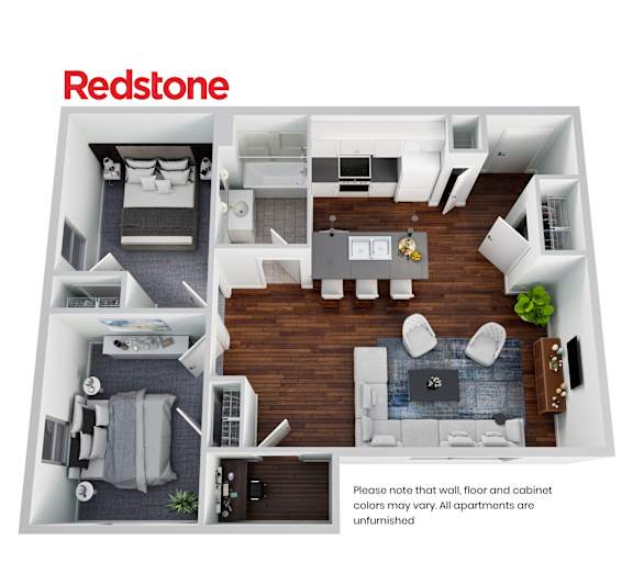A Redstone apartment floor plan shows a living room, dining room, kitchen, and bedrooms.