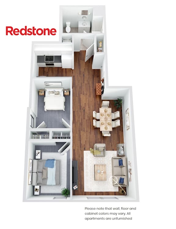 A Redstone floor plan shows a living area, a dining area, a kitchen, a bedroom and a bathroom.