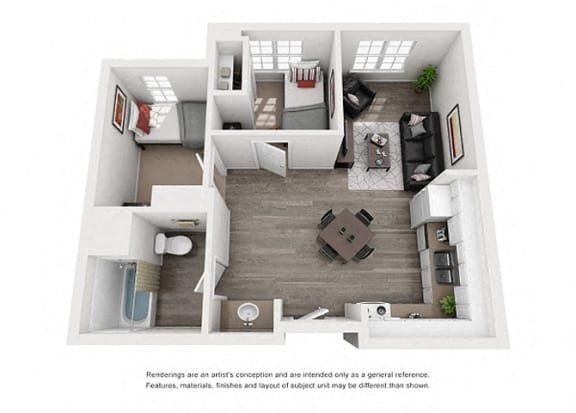 a 1 bedroom floor plan with a bathroom and a living room