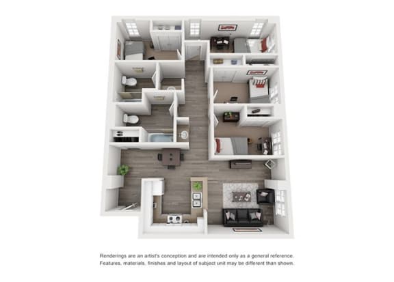 a stylized floor plan with a bedroom and a kitchen