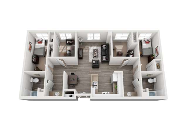 A top-down view of a two-bedroom apartment with a living room, kitchen, and bathrooms.