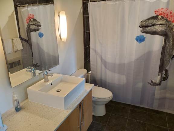 A dinosaur shower curtain with a pink flower on its head.