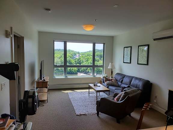 A living room with a couch, chair, and a television.