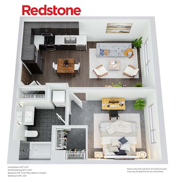 A Redstone living room floor plan shows a kitchen, dining area, and two lounges.