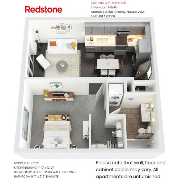 A Redstone apartment floor plan shows a living area, a dining area, a kitchen, a bathroom and a bedroom.