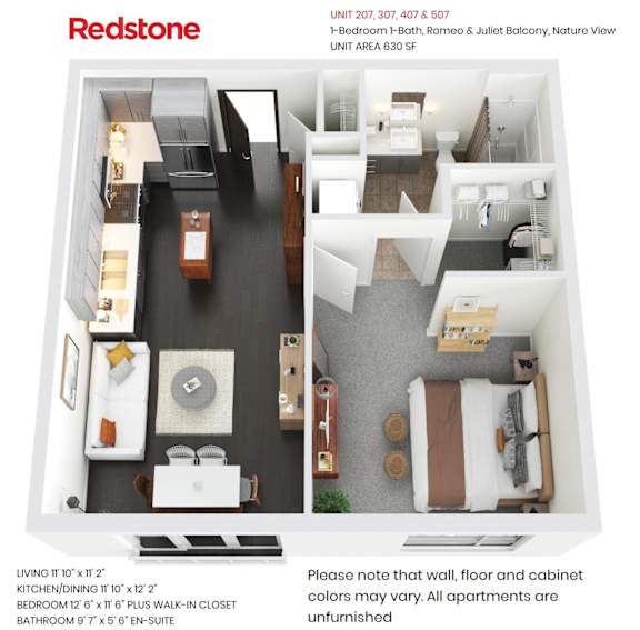 A Redstone floor plan for a 1-bedroom 1-bath apartment with a Nature View unit area.
