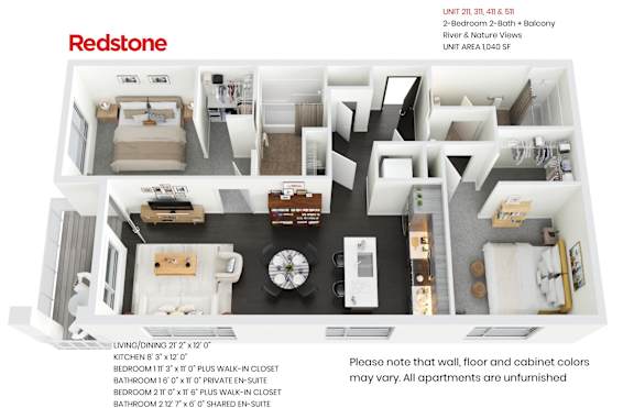 A Redstone 2-Bedroom 2-Bath apartment floor plan.
