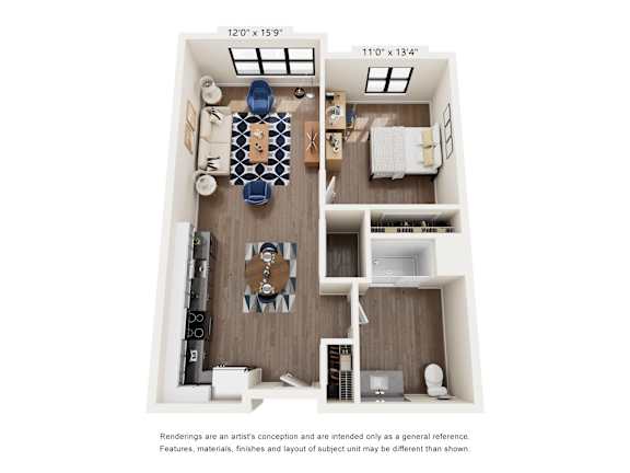 A floor plan of a small apartment with a kitchen, living room, and bedroom.