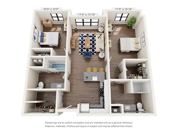 A floor plan of a three bedroom apartment with a living room, kitchen, and bathrooms.