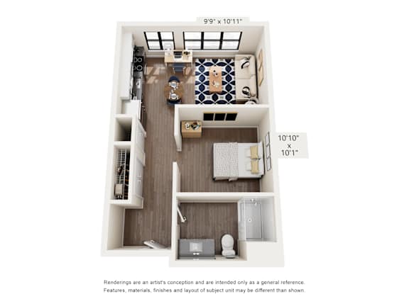 A floor plan of a small apartment with a kitchen, living room, and bathroom.