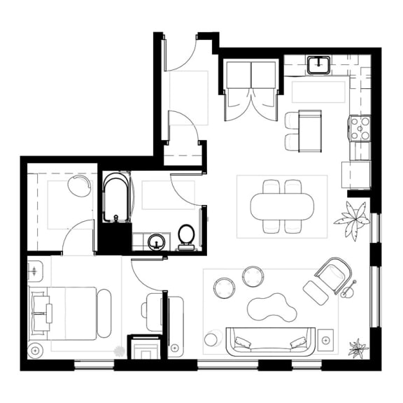a drawing of a house with bedroom and living room