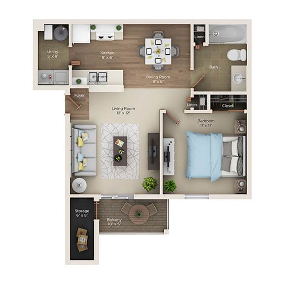 Floor Plan  A floor plan of a one bedroom apartment with a living room, kitchen, bathroom, and storage.