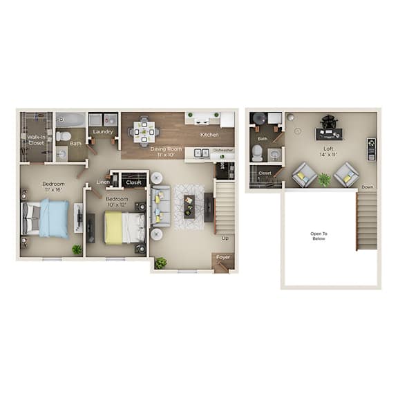 Floor Plan  A floor plan of a two-bedroom apartment with a living room, dining room, kitchen, and bathroom.