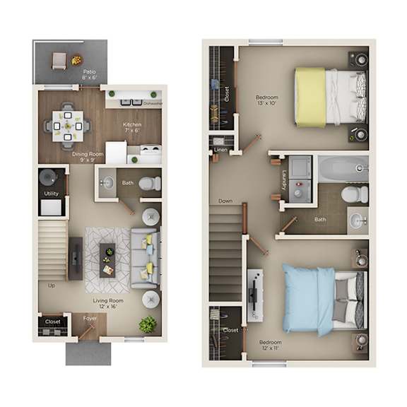 Floor Plan  A floor plan of a two-bedroom apartment with a living room, kitchen, dining room, bathroom, and utility area.