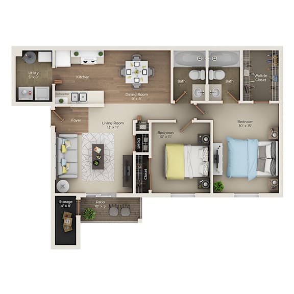 A floor plan of a small apartment with a living room, dining room, kitchen, bedrooms, bathrooms, storage, and a patio.