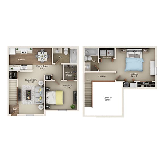 A floor plan of a two-bedroom apartment with a living room, kitchen, dining room, and bathroom.