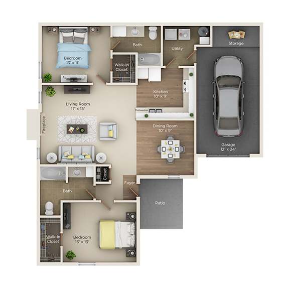 Floor Plan  A floor plan of a two-bedroom apartment with a living room, kitchen, dining room, and bathroom.