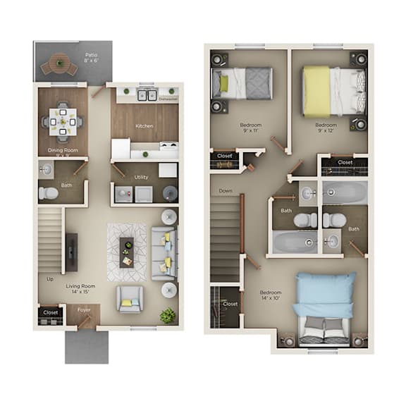 A floor plan of a two-bedroom apartment with a living room, dining room, kitchen, and bathrooms.