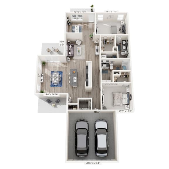 A floor plan of a house with a garage for two cars.