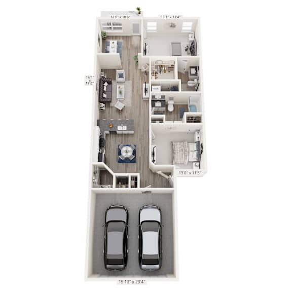 A floor plan of a house with a garage for two cars.