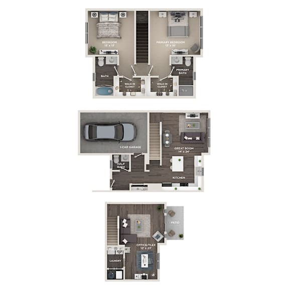 A set of three house plans showing a bedroom, a garage, and a laundry area.