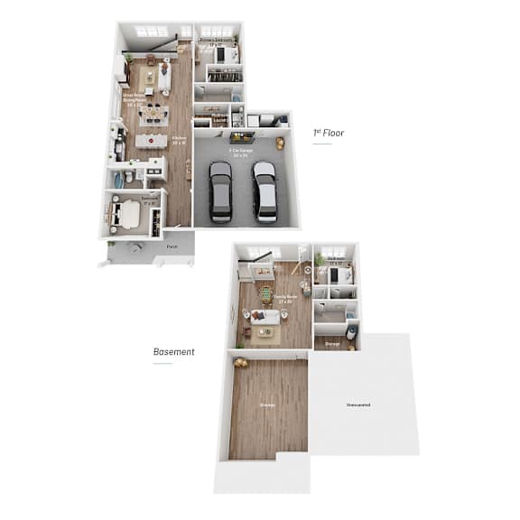 A floor plan of a house with a first floor and basement.