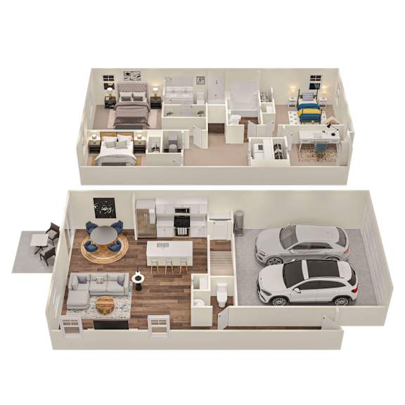 A top and bottom floor plan of a house with a living room, dining room, kitchen, and bedrooms.
