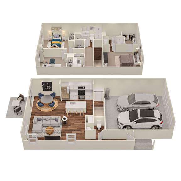 A top and bottom floor plan of a house with a living room, kitchen, and two bedrooms.