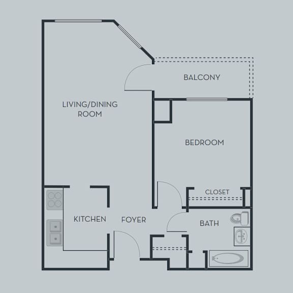 A floor plan of an apartment with a living/dining room, kitchen, foyer, bath, bedroom, and balcony.