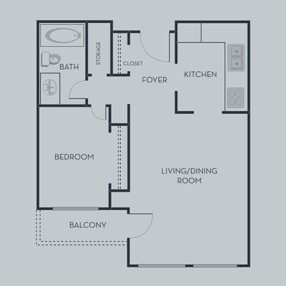A floor plan of an apartment with a living/dining room, kitchen, foyer, bath, bedroom, and balcony.