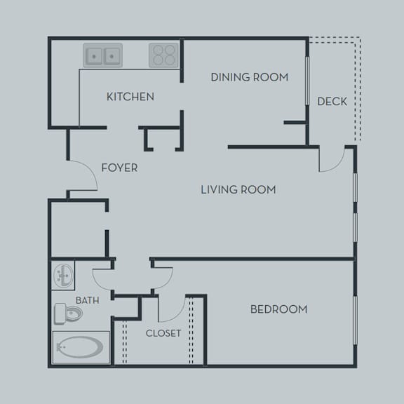 A floor plan of an apartment with a bedroom, living/dining room, kitchen, and bathroom.