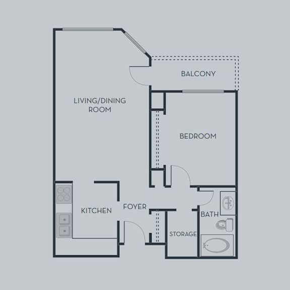 A floor plan of an apartment with a living/dining room, kitchen, foyer, bedroom, bathroom, and storage.