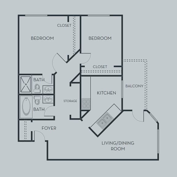 A floor plan of an apartment with two bedrooms, a living/dining room, kitchen, bathroom, foyer, and storage.