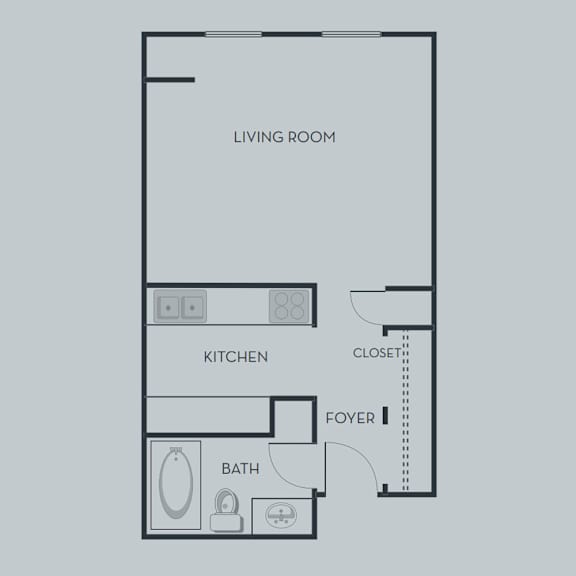 A floor plan of a studio apartment with a living room, kitchen, bathroom, and foyer.