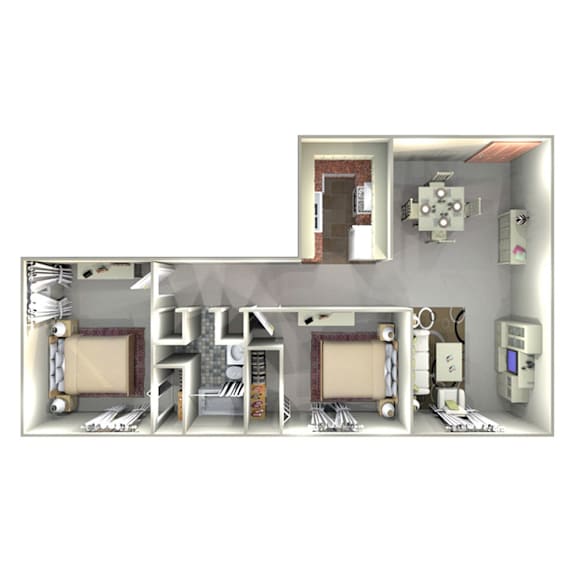 A 3D model of a house with a kitchen, living room, and bathroom.