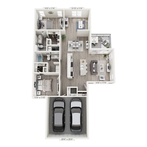A floor plan of a house with a garage and two cars.