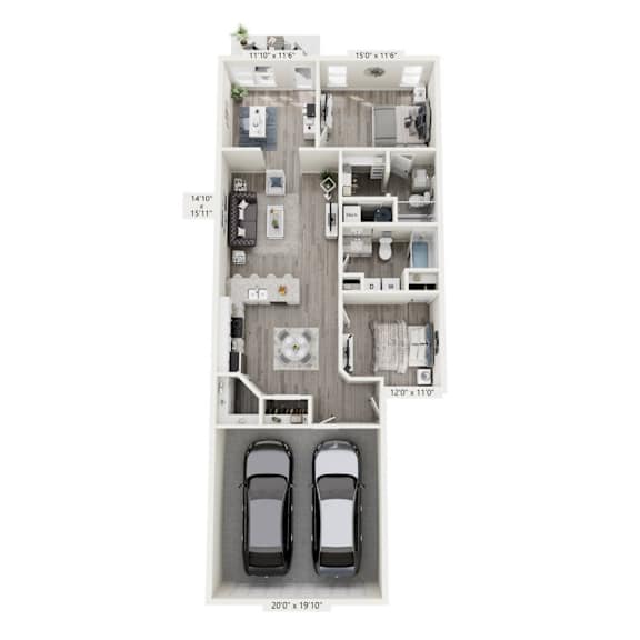 A floor plan of a two-bedroom apartment with a garage for two cars.