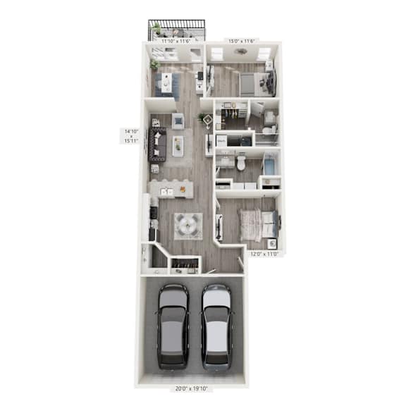 A floor plan of a house with a garage for two cars.
