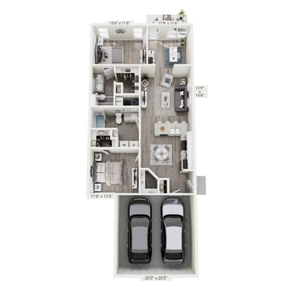 Floor Plan  A floor plan of a house with two bedrooms, two bathrooms, a living room, a kitchen, and a garage for two cars.