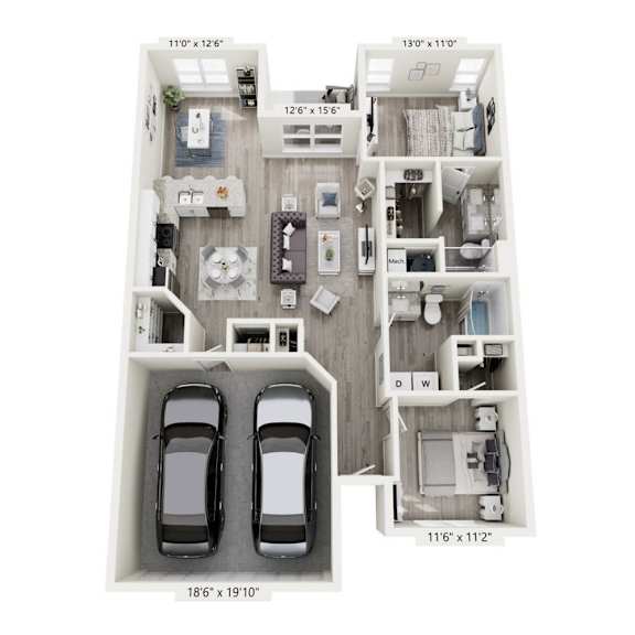 A floor plan of a two bedroom apartment with a garage for two cars.