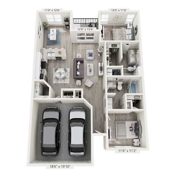 A floor plan of a two bedroom apartment with a garage for two cars.