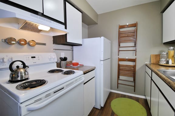 Carlyle place apartments kitchen with white appliances
