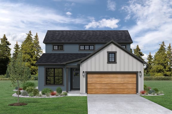 a home with a brown garage door