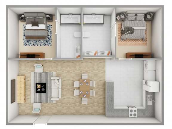 A 3D floor plan of a small apartment with a kitchen, living room, and bathroom.