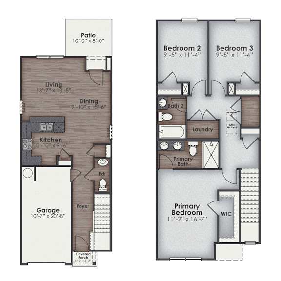 A floor plan of a house with a garage, living room, dining room, kitchen, laundry, and three bedrooms.