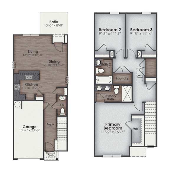 A floor plan of a house with a garage, living room, dining room, kitchen, and three bedrooms.