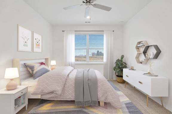 A bedroom with a bed, nightstand, and a window with blinds.