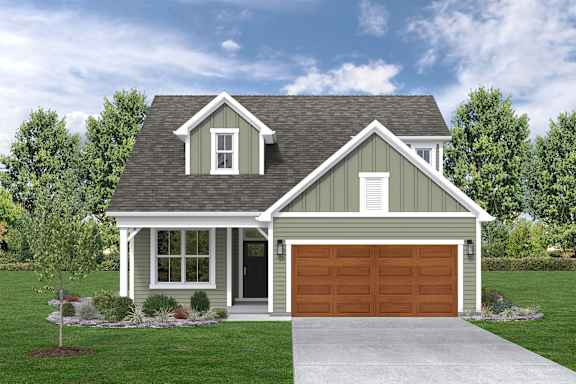 A two-story house with a garage door and a window on the front.